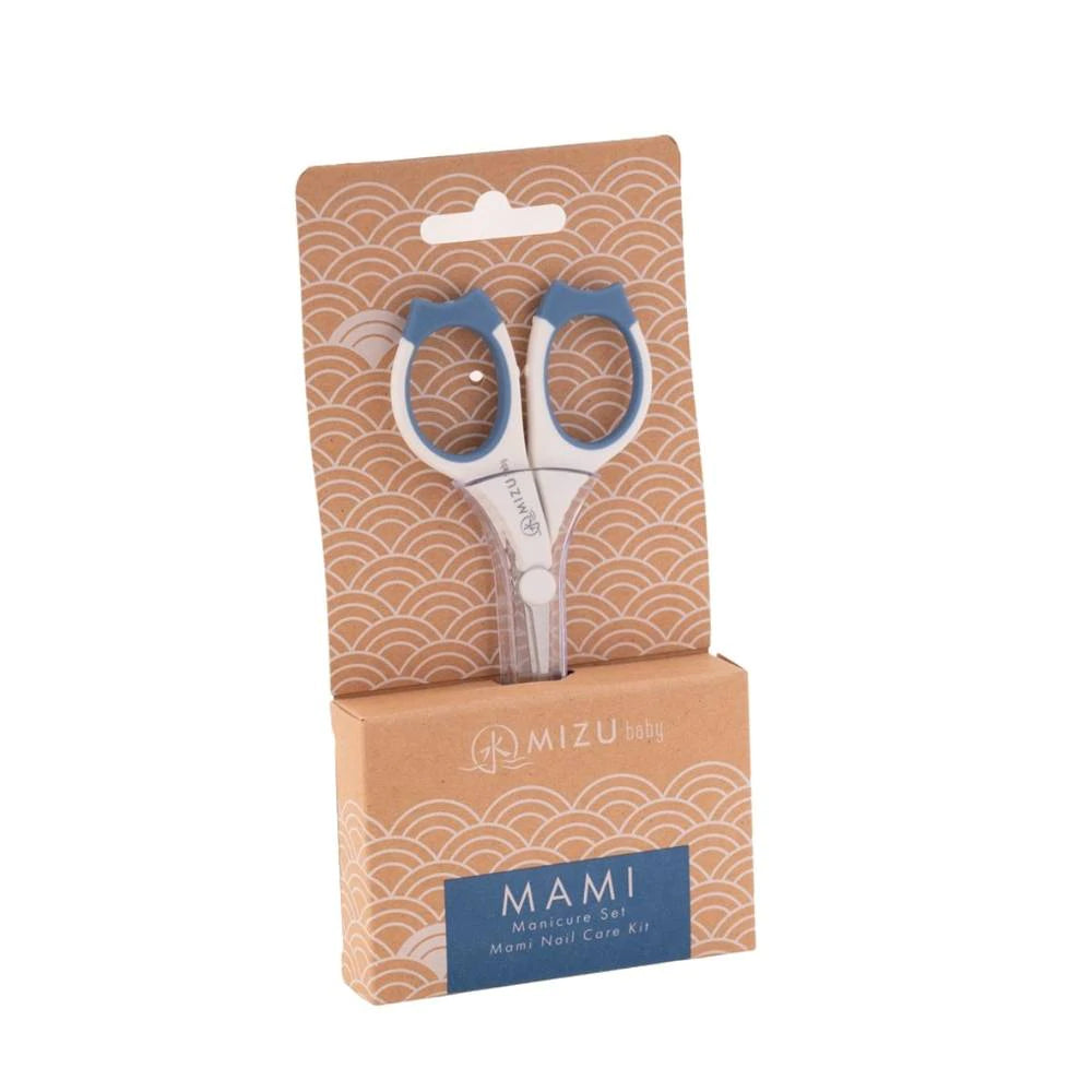 MAMI-Manicure set, Mizu Baby. Vista del set manicure blu nella sua confezione in cartone