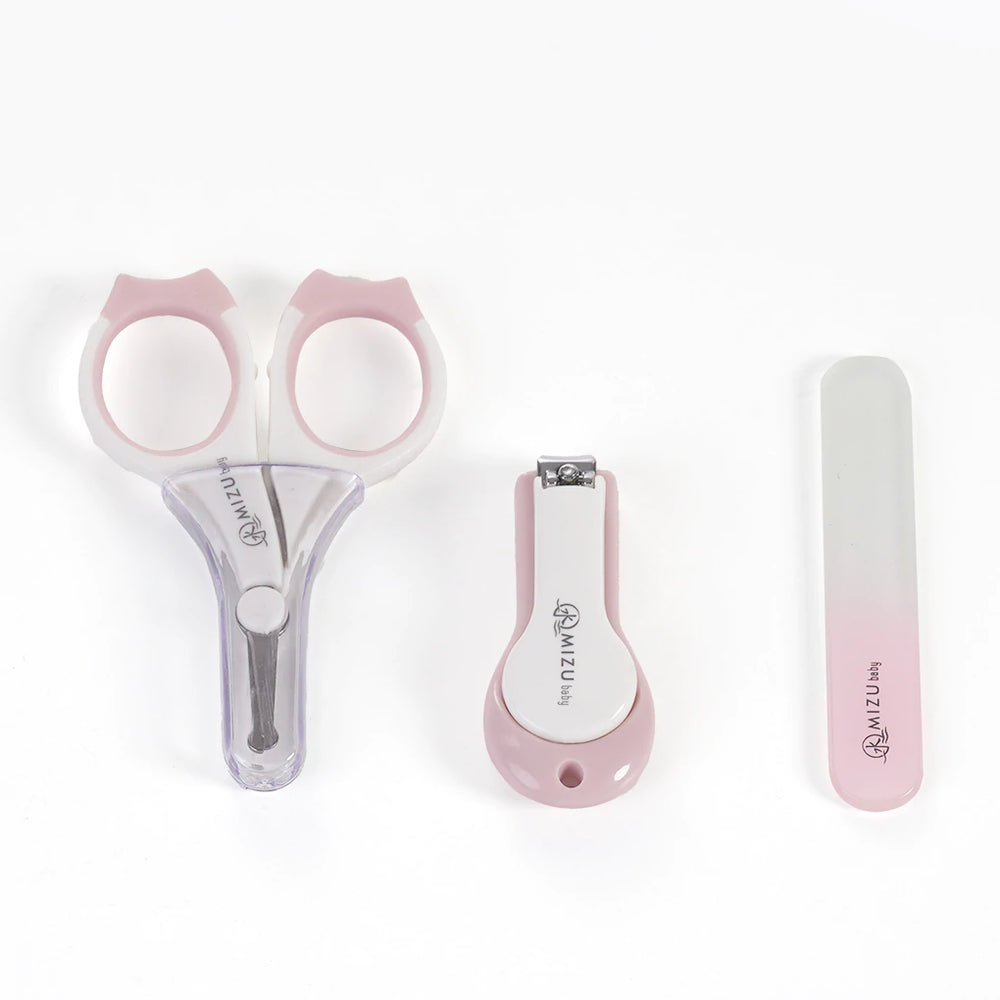MAMI SET-set per la cura e l'igiene per neonati, Mizu Baby. Vista del set manicure rosa composto da forbicina, limetta e tagliaunghie