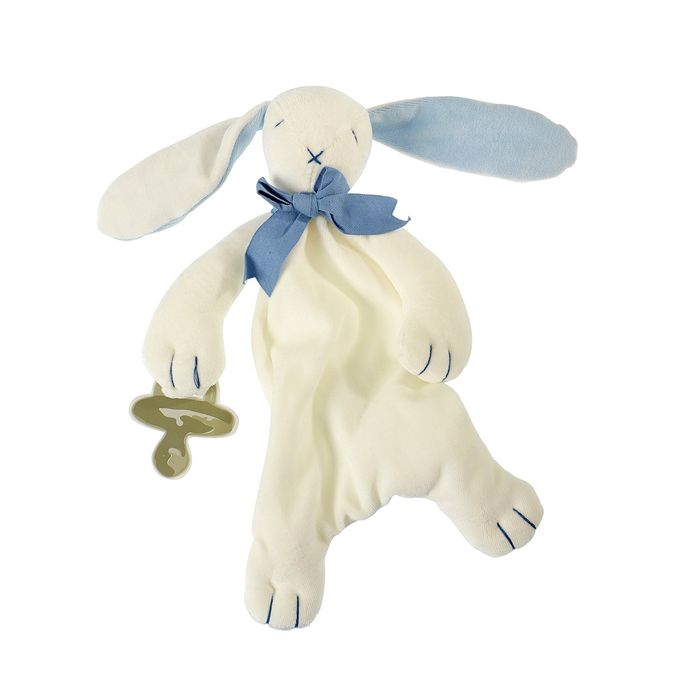 DouDou Comforter con scatola e bligliettino, Maud n Lil. Coniglietto bianco con interno orecchie e fiocco al collo blu. 