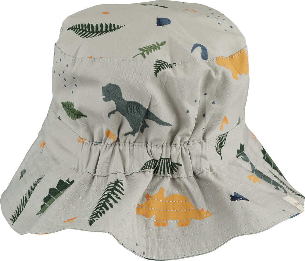 elastico sulla nuca per il cappello con tesa larga in cotone, base grigio chiaro e fantasia dinosauro