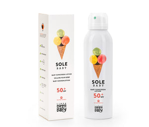 Solare bimbi SPF 50 + Eco Reef, Linea Mamma Baby. Vista del prodotto con la sua confezione in cartone bianco con stampa cono gelato