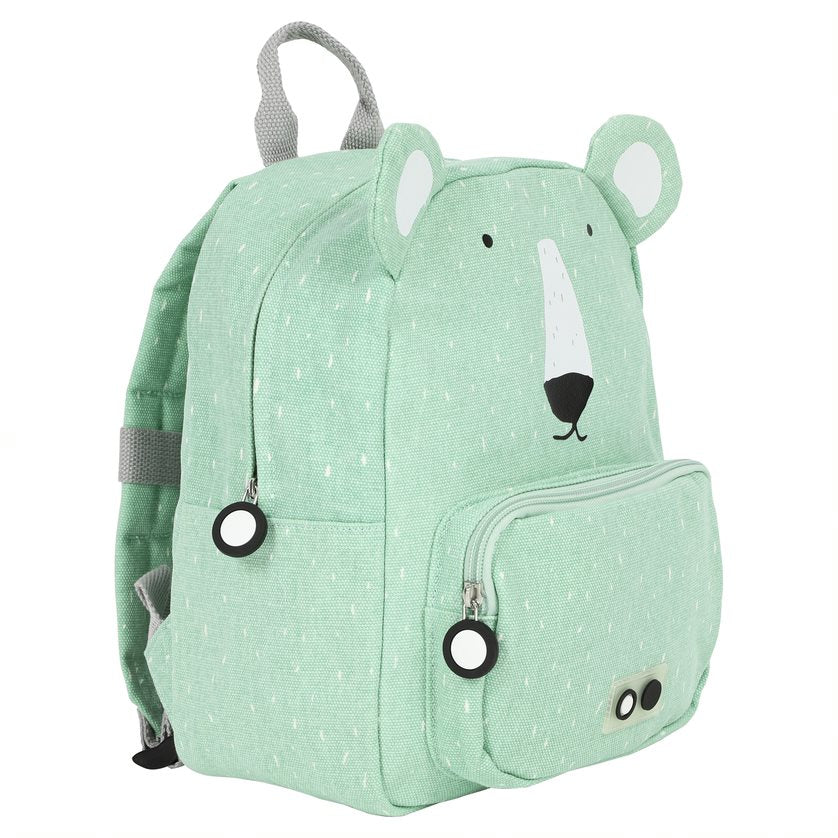 vista laterale dello zaino orso polare colore verde menta chiaro con orecchie