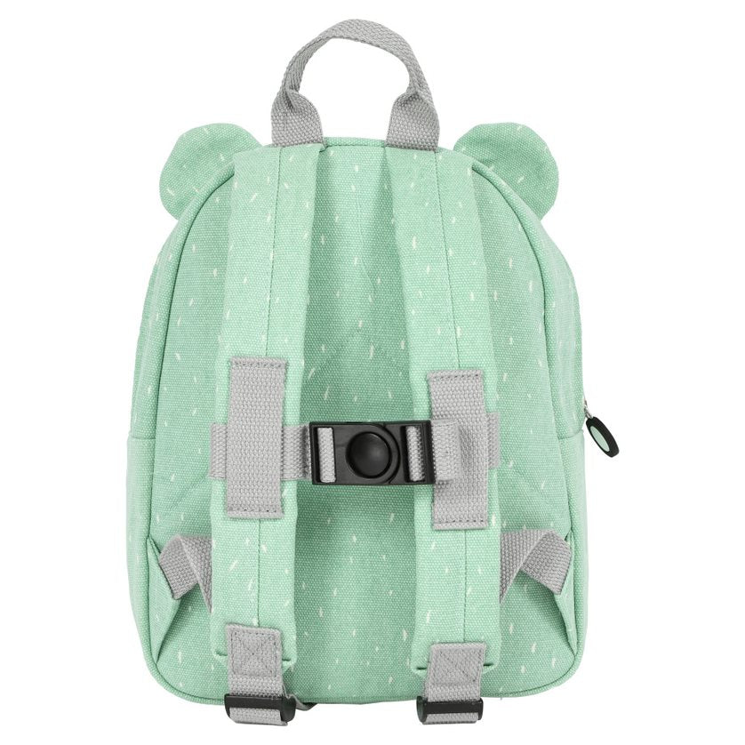 vista posteriore dello zaino orso polare colore verde menta chiaro con orecchie