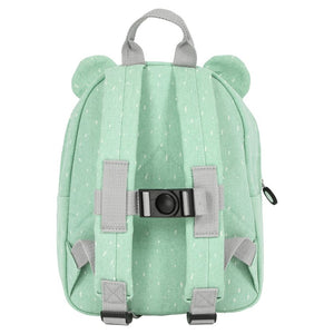vista posteriore dello zaino orso polare colore verde menta chiaro con orecchie