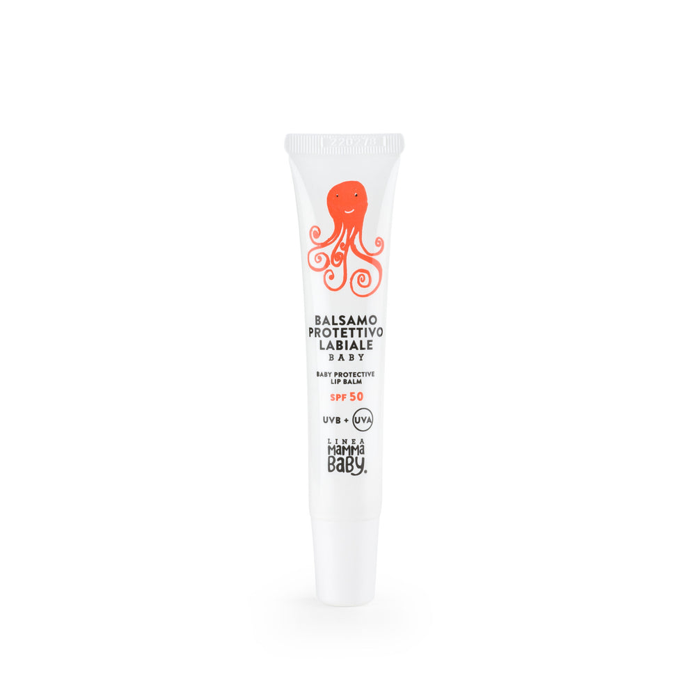 Balsamo protettivo labiale Baby SPF50, Linea Mamma Baby, 20 ml. Tubetto bianco con stampa di un simpatico polipetto rosso che sorride