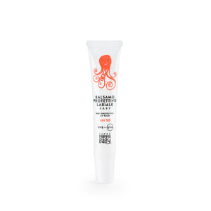 Balsamo protettivo labiale Baby SPF50, Linea Mamma Baby, 20 ml. Tubetto bianco con stampa di un simpatico polipetto rosso che sorride