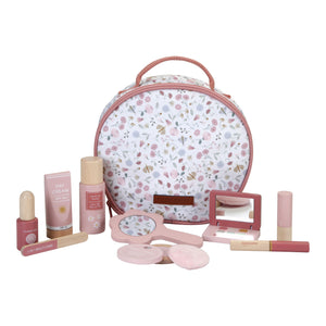 Beauty Case con trucchi in legno, Little Dutch. Set composto da beauty a tema fiori con manico in corda. Trucchi in legno: smalto, lima, crema, specchietto, cipria, ombretti, mascara, rossetto e lozione