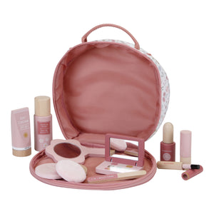 Beauty Case con trucchi in legno, Little Dutch. Set composto da beauty a tema fiori con manico in corda. Trucchi in legno: smalto, lima, crema, specchietto, cipria, ombretti, mascara, rossetto e lozione. Vista del beauty case aperto con all'interno alcuni trucchi