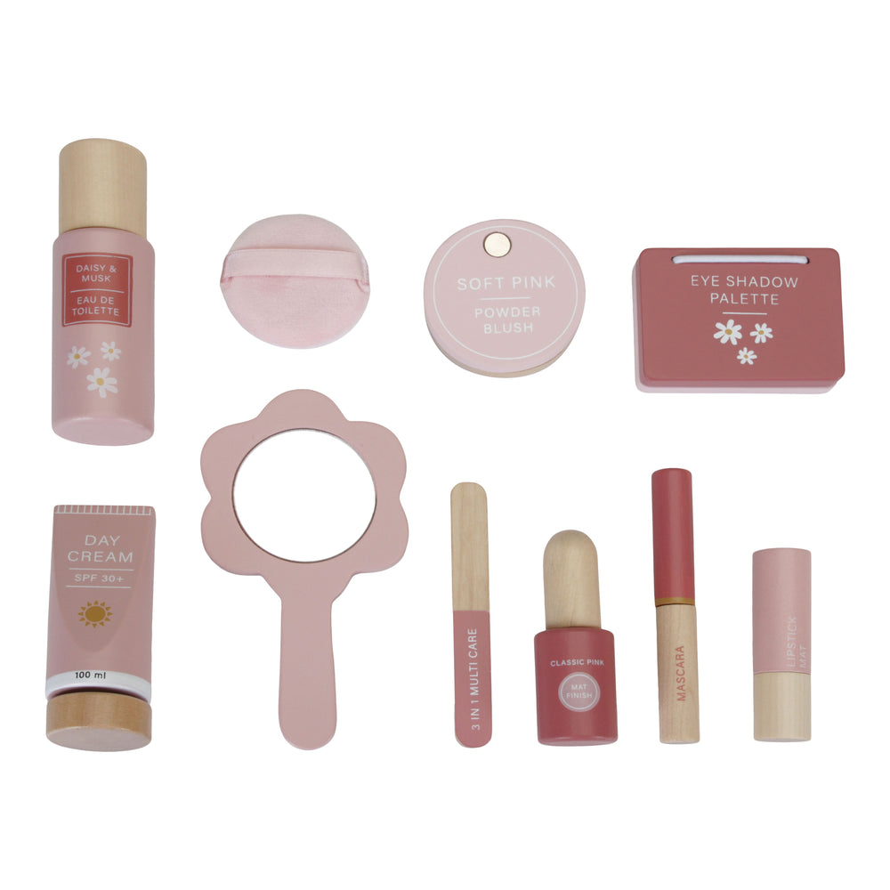 Beauty Case con trucchi in legno, Little Dutch. Trucchi in legno: smalto, lima, crema, specchietto, cipria, ombretti, mascara, rossetto e lozione