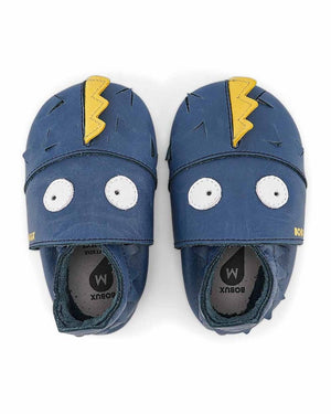 Bobux babbucce Soft Sole Gruff Navy. Babbuccia blu con draghetto dalla criniera gialla e occhi bianchi