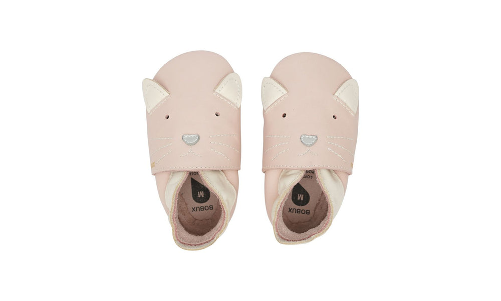 babbuccia in pelle suola scamosciata, rosa con gattino