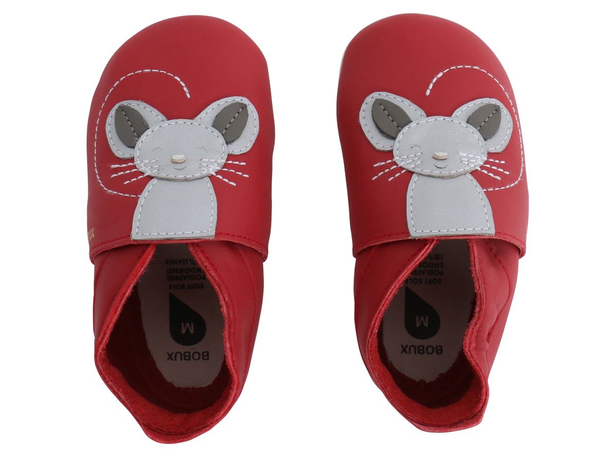 babbuccia in pelle con suola scamosciata rossa con topolino grigio
