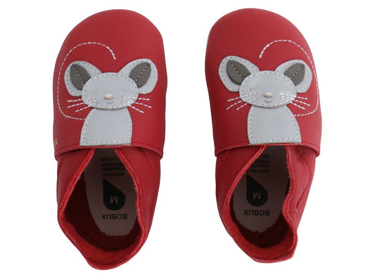 babbuccia in pelle con suola scamosciata rossa con topolino grigio