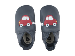 babbuccia in pelle con suola antiscivolo blu con macchinina rossa