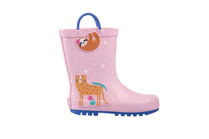 stivale da pioggia rosa con fabntasia animali e anelli blu per facilitare la calzata