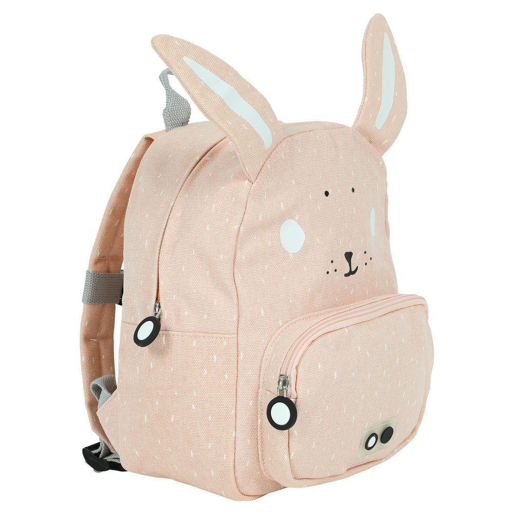 Zainetto per l'Asilo, Signora Coniglio, Trixie. Colore rosa, design coniglio con orecchie che spuntano. Ampia tasca esterna con cerniera. Vista laterale.