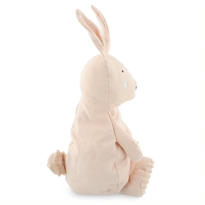 Peluche Grande Signora Coniglio, Trixie. Vista laterale con coda ponpon in velluto a coste