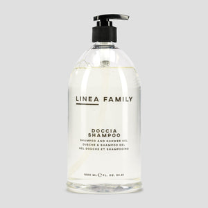 Doccia Shampoo Linea Family - Linea MammaBaby - 1000 ml - confezione trasparente in plastica con tappo dosatore nero.