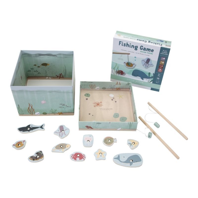 Fishing Game, Gioco della Pesca, Little Dutch. Contenuto della confezione: 14 animali marini e uno stivale in legno, 2 canne da pesca e un acquario in cartone.