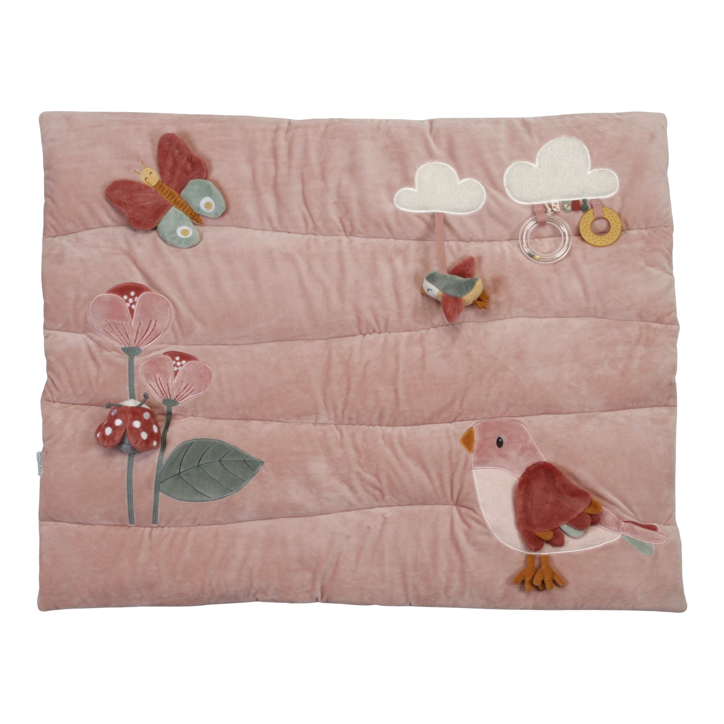 Tappeto morbido PlayPen Mat a tema Fiori e Farfalle, Little Dutch. Vista frontale del tappeto con farfalla, fiori, nuvole, uccellino grande ed uccellino piccolo. Sfondo del tappeto rosa