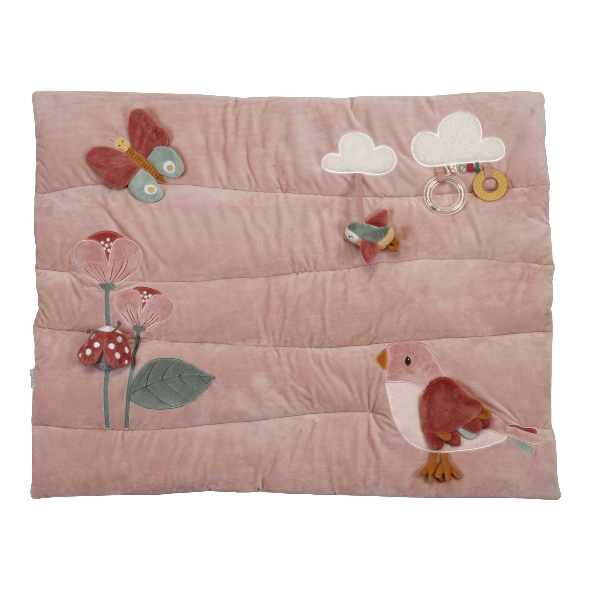 Tappeto morbido PlayPen Mat a tema Fiori e Farfalle, Little Dutch. Vista frontale del tappeto con farfalla, fiori, nuvole, uccellino grande ed uccellino piccolo. Sfondo del tappeto rosa
