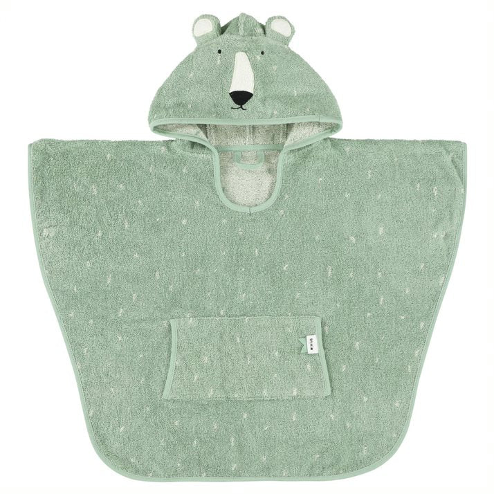 Poncho accappatoio da bagno con cappuccio a tema animali, Trixie. Poncho verde acqua con puntini bianchi, tasca frontale  e cappuccio a forma di orso. Vista frontale