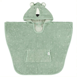 Poncho accappatoio da bagno con cappuccio a tema animali, Trixie. Poncho verde acqua con puntini bianchi, tasca frontale  e cappuccio a forma di orso. Vista frontale