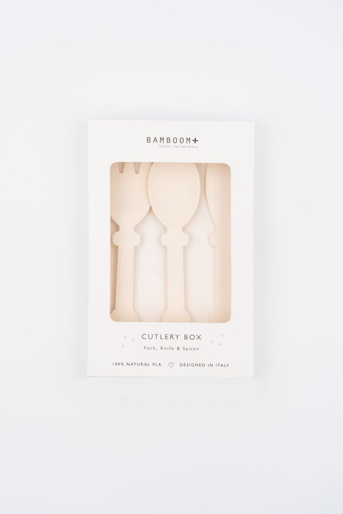 Set di posate (forchetta, coltello, cucchiaio), Bamboom. Variante crema nella sua confezione di vendita