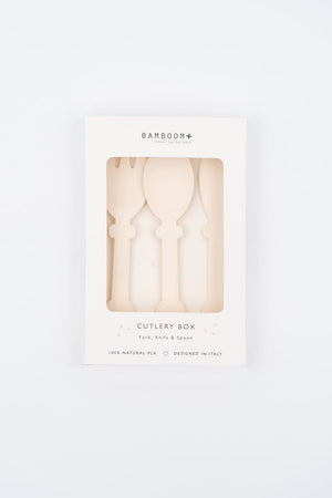 Set di posate (forchetta, coltello, cucchiaio), Bamboom. Variante crema nella sua confezione di vendita
