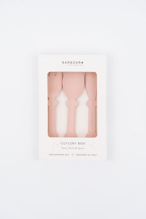 Set di posate (forchetta, coltello, cucchiaio), Bamboom. Variante rosa nella sua confezione di vendita