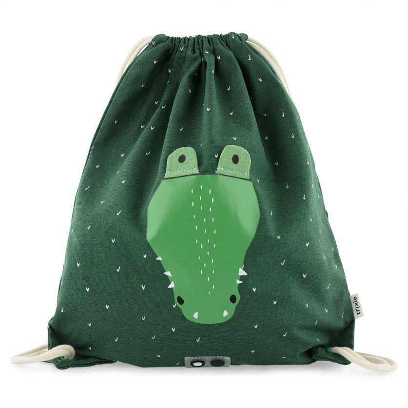 sacca verde con disegno coccdrillo e spallacci per mettere sulla spalle
