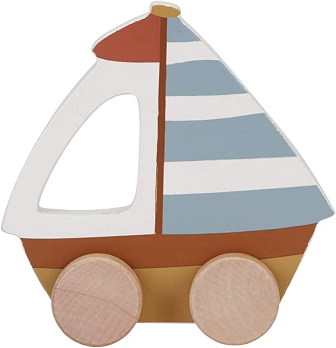 Sail Boat, barca a vela trainabile, Little Dutch. Con vela bianca e azzurra e ruote in legno chiaro