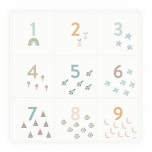 tappeto in eevaa base chiara con numeri e disegni colore pastello, per ogni riquadro il numero e lo stesso numero di oggetti