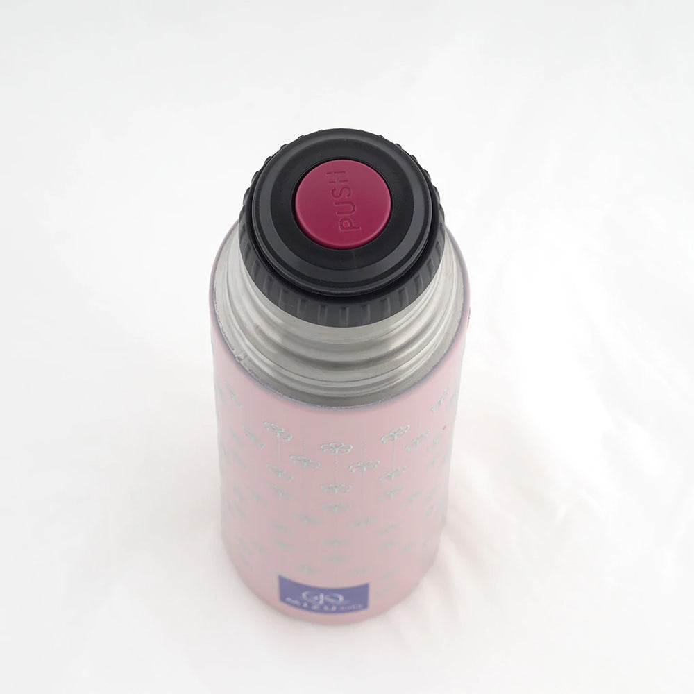 Thermos Yume 500 ml, Mizu Baby. Contenitore termico rosa con tappo di chiusura e apertura a pressione “one touch” rosso.