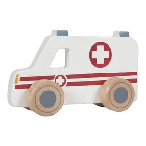 Emergency Services Vehicles, Veicoli per servizi d'emergenza. Ambulanza bianca, con ruote in legno marroncino e azzurro, strisce rosse e simbolo ospedale bianco e rosso, fanale giallo, due sirene azzurre.