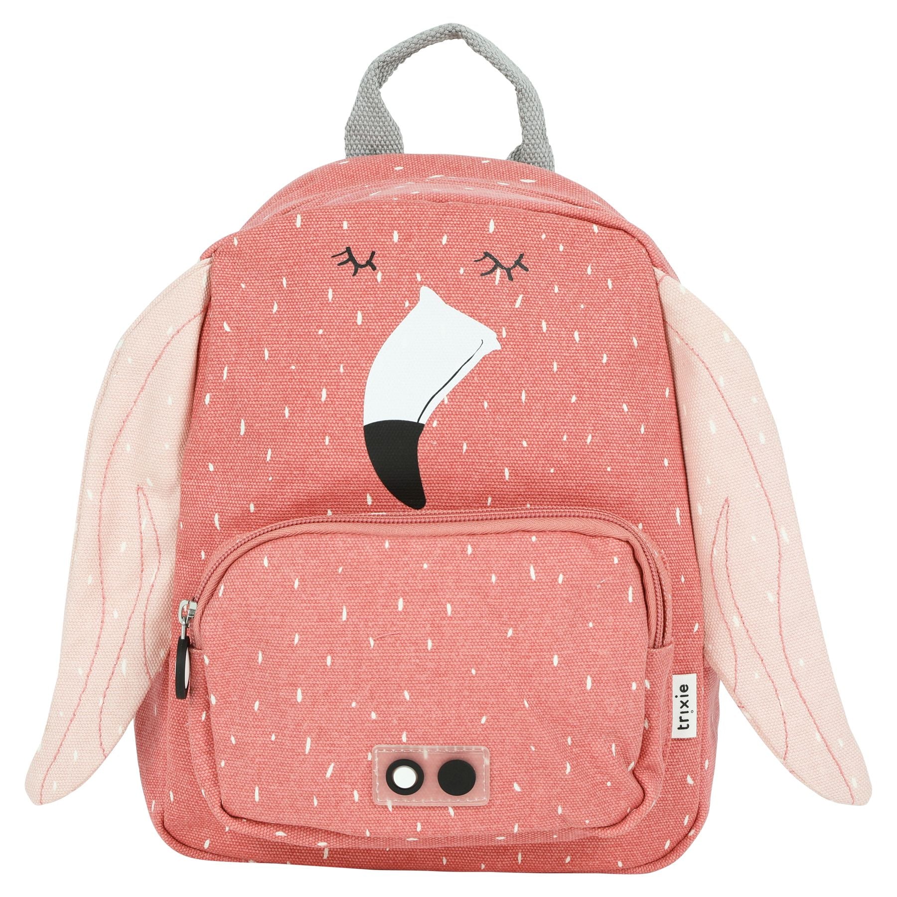 Zainetto per l'Asilo, Fenicottero, Trixie. Zainetto a forma di fenicottero rosa con becco bianco, ali rosa cipria e tasca frontale dotata di zip.